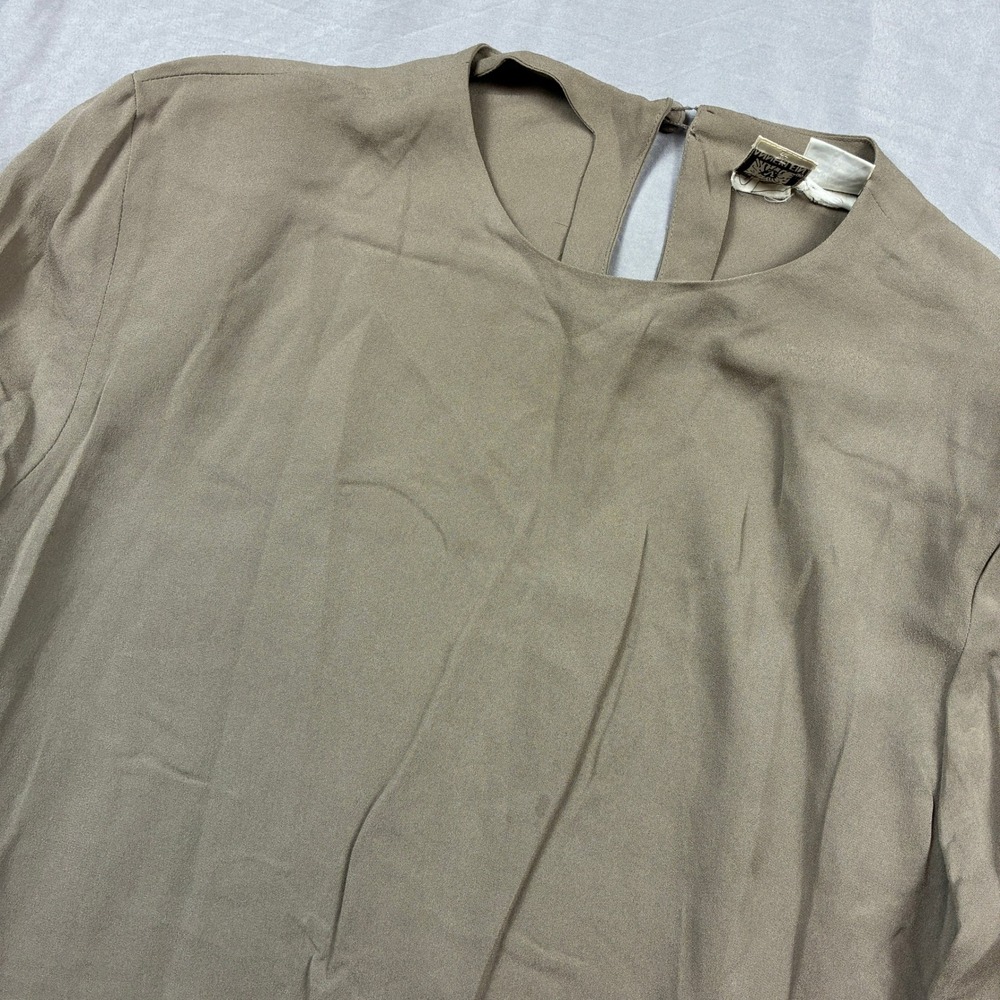 Anne Klein Lion Silk Blouse Womens 8 Taupe Long Sleeve Keyhole Back Top VTG